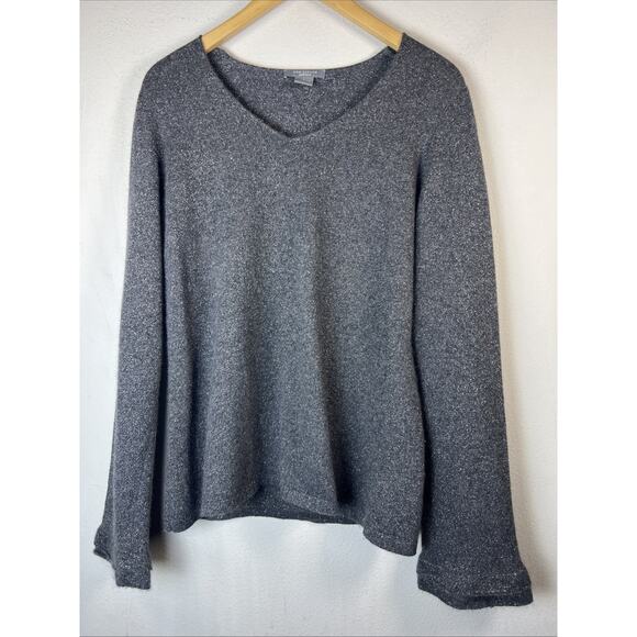 Ann Taylor Cashmere L Gray Sparkle V Neck Sweater Pull Over Double Ruffle Cuff - Picture 1 of 8